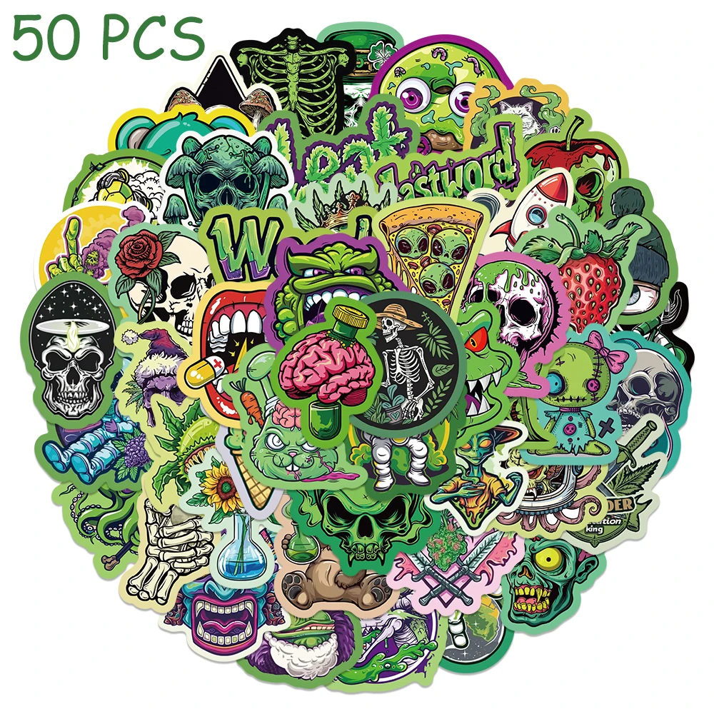 50pcs Green Graffiti Style Stickers Cartoon Aesthetic Decals For Laptop Notebook Skateboard Suitcase Guitar Waterproof Stickers