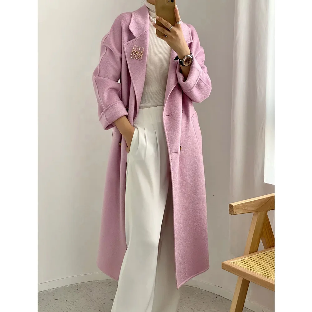 2024 New Fashion Beautiful Cashmere And Wool Coat Water Ripples Double Breasted Women Woolen Overcoat Elegant Solid Color Belt