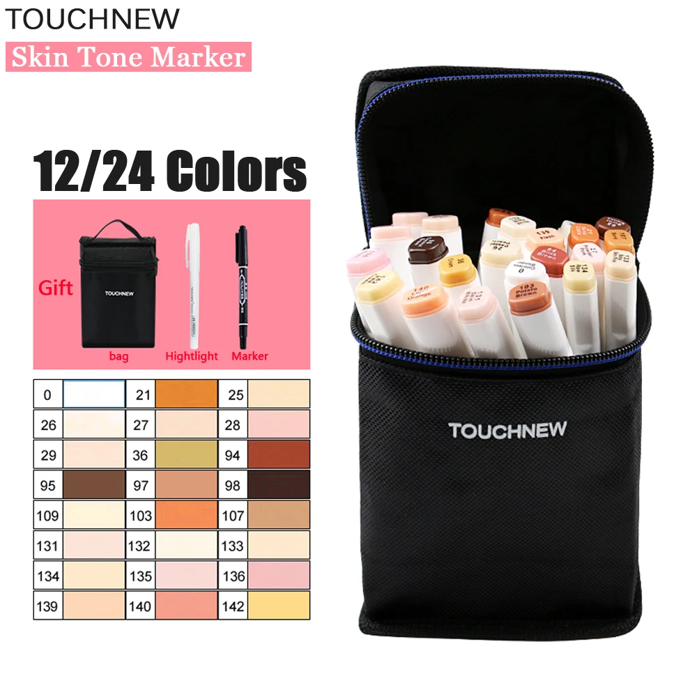 TOUCHNEW 24 Colors Skin Tone Art Markers Set Alcohol Based Dual Tip Marker Artist Permanent Sketch Marker Pens for Manga Drawing