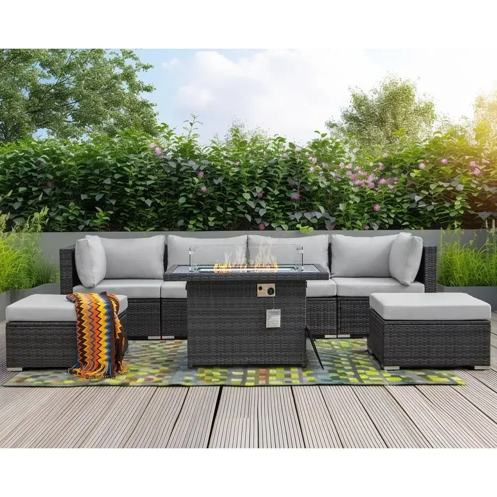 Extra Large 6-Person Outdoor Wicker Sectional Sofa Set with Fire Pit, Highback Deep Seating, Gray