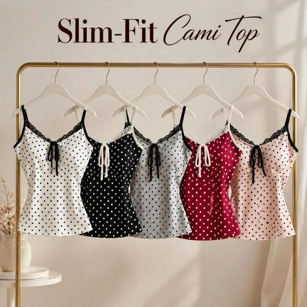 Stilvolles, schmal geschnittenes Polka-Dot-Cami-Top, dehnbares, ärmelloses Camisole mit Spitzenbesatz, atmungsaktives, gepolstertes Top mit Spaghettiträgern zum Überziehen. – Detail 3