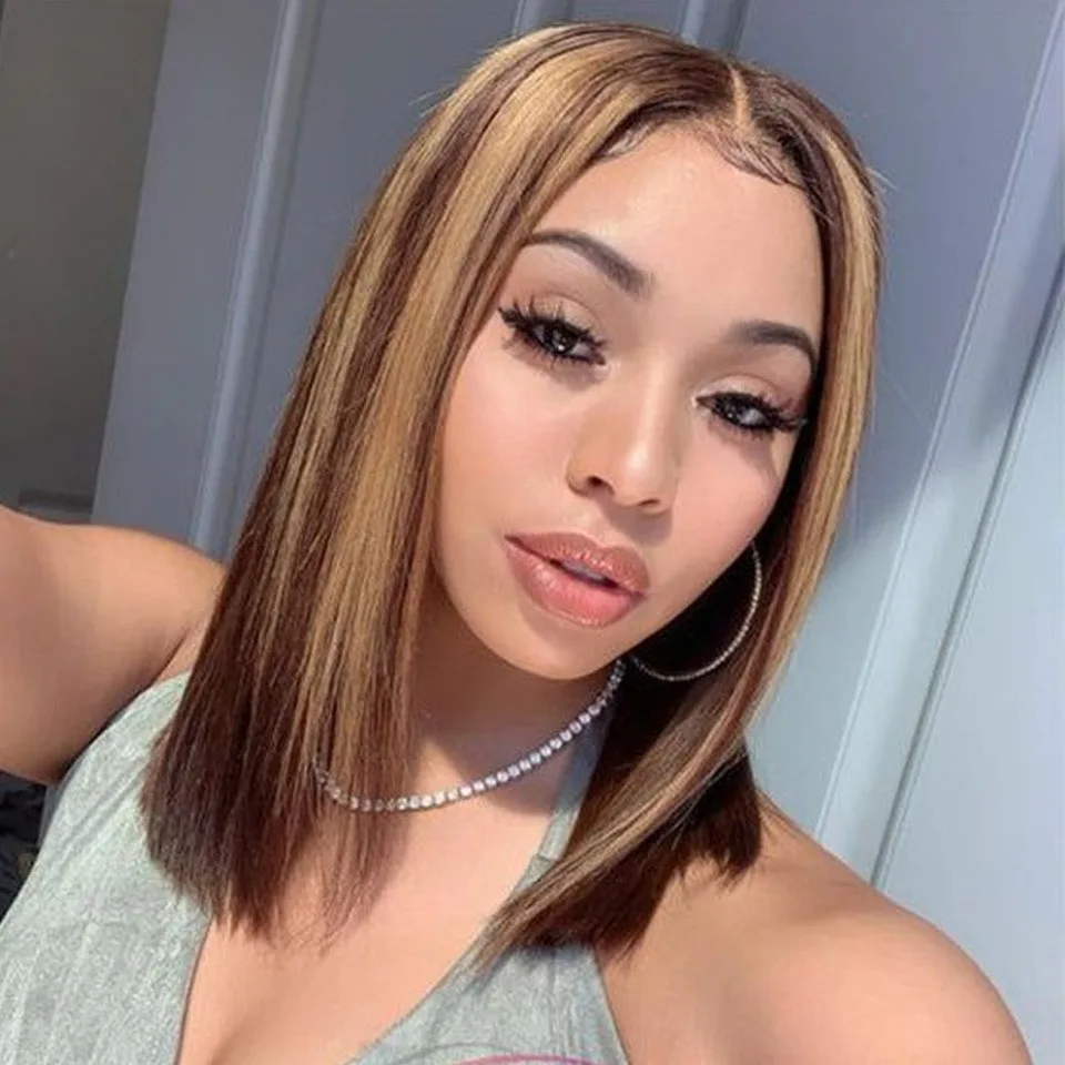 Perruque Bob Lace Front Wig 100% naturelle Remy, cheveux lisses à reflets, 4/ 27 ombrés, avec raie centrale, pre-plucked, transparente