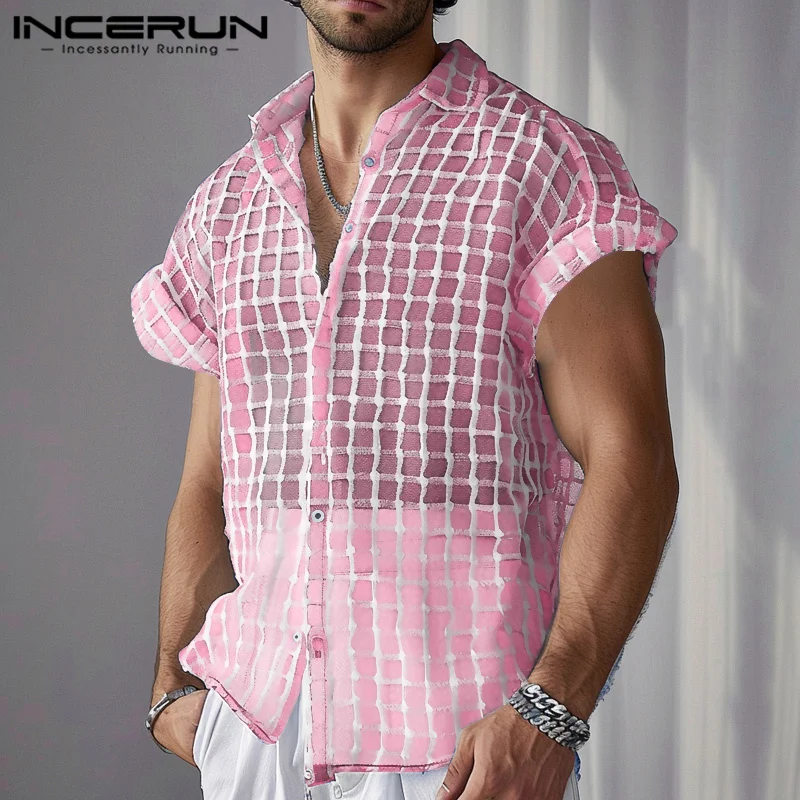 

INCERUN Men Shirt Plaid Lapel Short Sleeve Button Streetwear 2024 Summer Casual Men Clothing Transparent Fashion Leisure Camisas