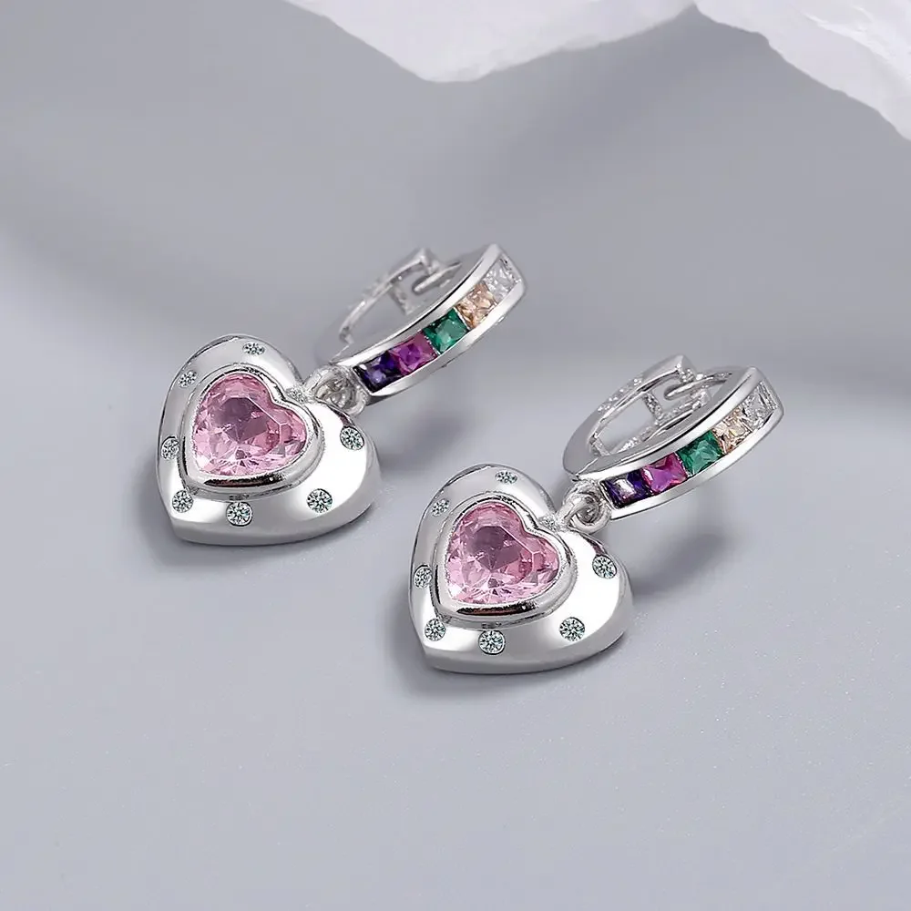 Pendientes de aro de corazón rosa de Plata de Ley 925 originales para mujer con cristales de arcoíris, joyería para fiesta y boda, regalo, Pendientes femeninos