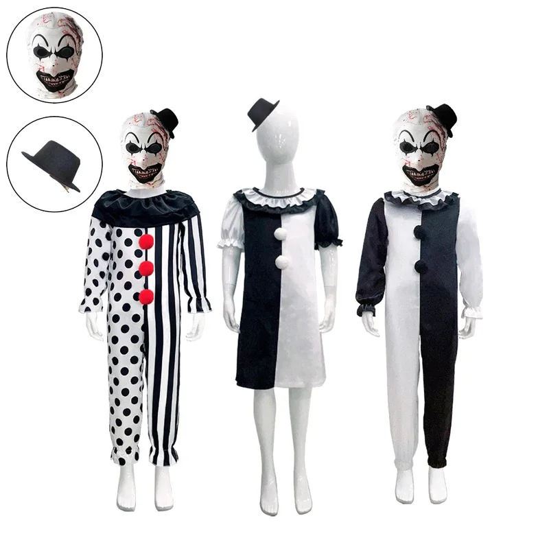 Ensemble de olympiques de cosplay de clown pour adultes et enfants, tenues de couple, combinaison noire et blanche, masque de clown d'art, costume de batterie, robe de fête d'Halloween