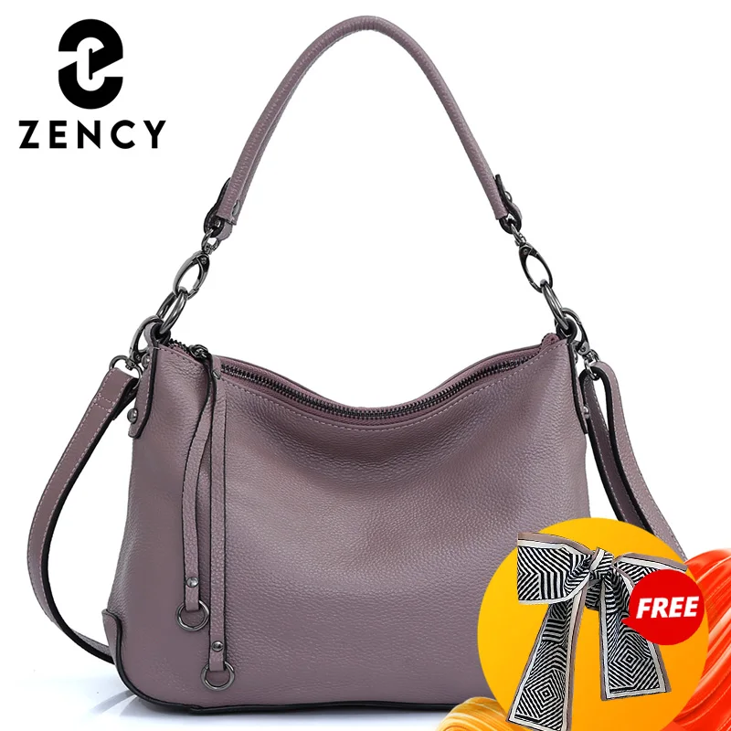 Zency Genuine Leather Bag For Women Simple Classic Handbag Hobo Bag Vintage Grey Shoulder Tote Cowhide Crossbody Bag Mom\'s Gift