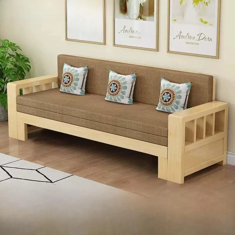 Full solid wood sofa bed foldable sitting and sleeping multi-functional small apartment home living room push-pull telescopic ec