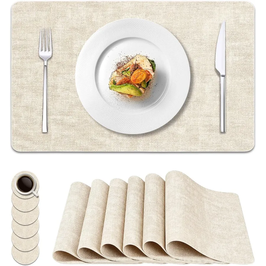 Zestaw 6 podkładek na stół z winylu, imitacja skóry, wodoodporne i odporne na ciepło, zmywalne, antypoślizgowe podkładki na stół z podkładkami pod napoje, łatwe do czyszczenia.