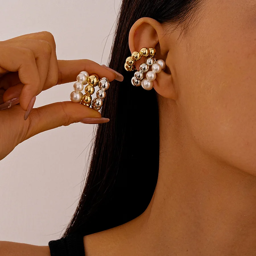 Imitation pearl, geometric C-shaped earless ear bone clip, simple niche temperament, high-end earrings, women