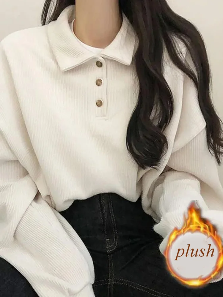 Preppy Style T-Shirt Women Autumn Winter Polo Callor Tshirt Lady Korean Fashion Long Sleeve Pullovers Tops Casual Soft Plush Top