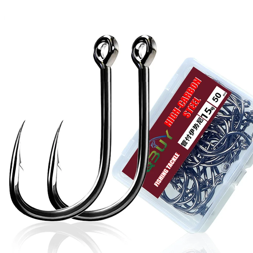 50 pces-200 pces gancho de pesca de água salgada gancho forte ponto de agulha afiada farpas anelado olho pesca de água salgada polvo carpa gancho
