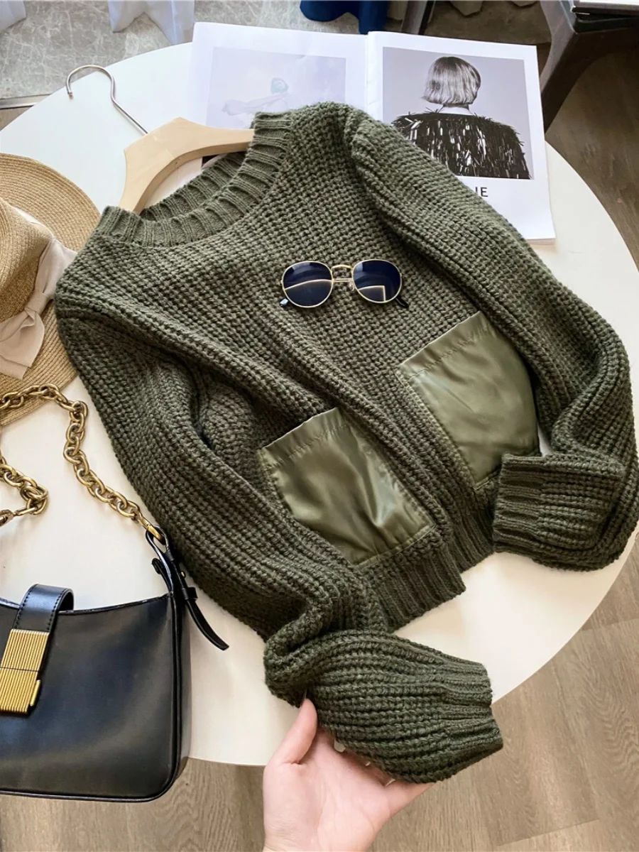 

Свободный повседневный вязаный свитер с кетом в стиле пэчворк Thi Needle Трикотаж Удобный пуловер оверсайз Осенний модный женский...