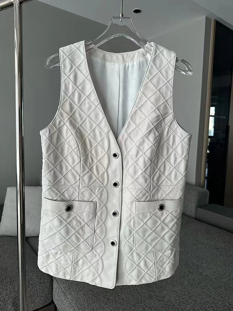 Minimalist Leather Suit Vest For Women Ladies Genuine Sheepskin Diamon Plaid White Sleeveless Jacket V-neck Chaleco Mujer Outfit