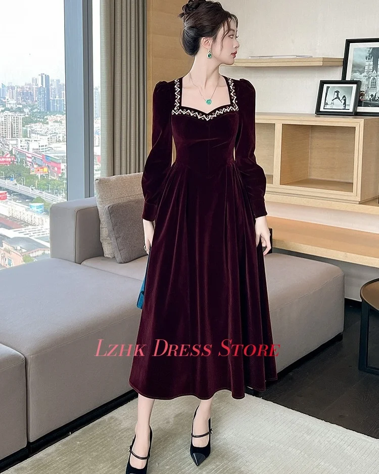 Robe de soirée trapèze en velours de tempérament personnalisé, en cristal, manches longues délicates, longueur thé, robes d'occasion sur mesure