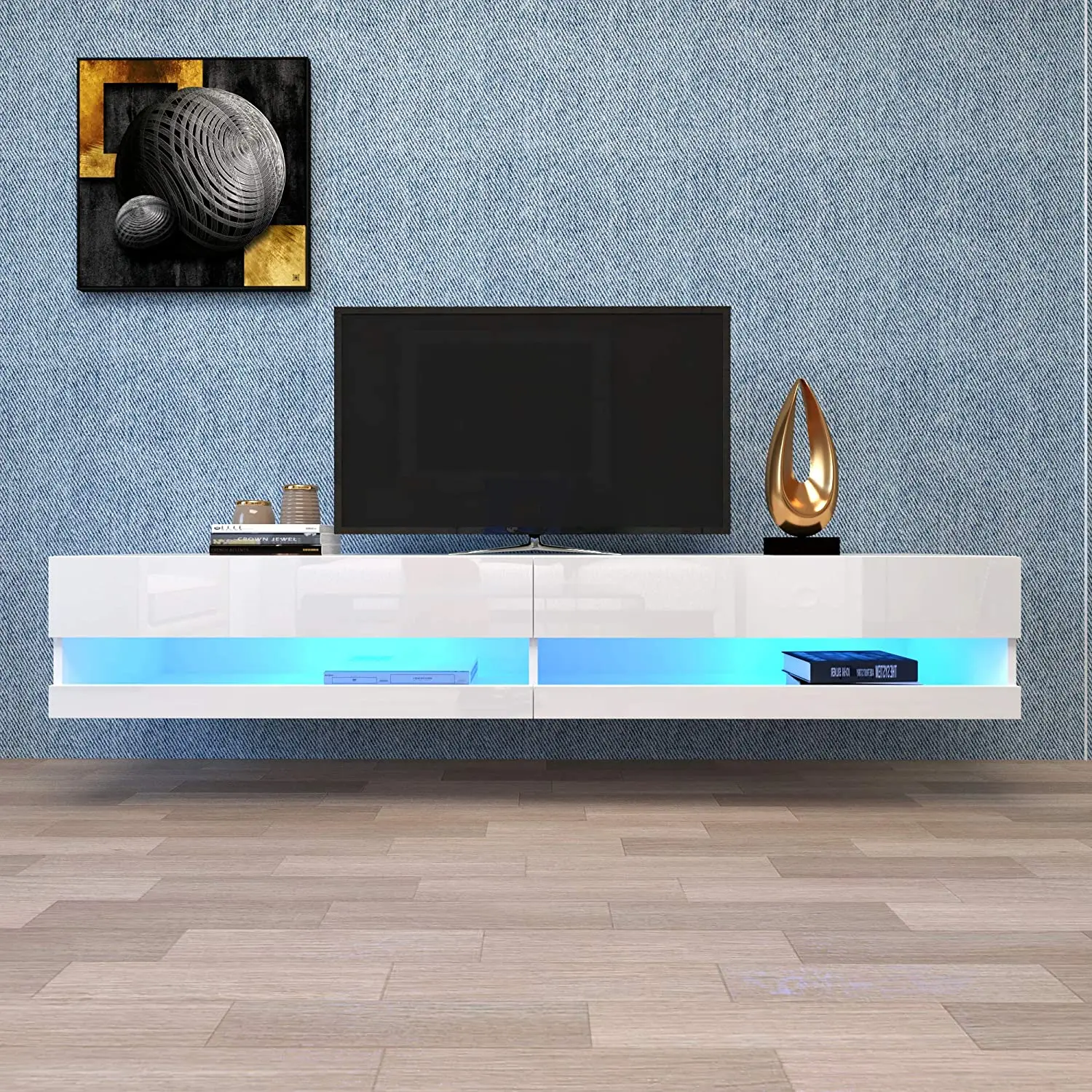 KOMHTOM Armoire TV LED Planche basse TV blanche avec éclairage LED, panneau TV de haute qualité avec beaucoup de rangement pour le salon