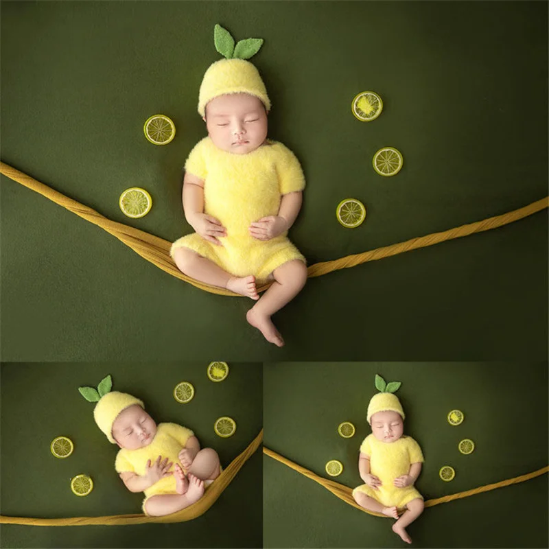 Recém-nascidos Fotografia Props Backdrop Verde Lemon Fruit Tema Traje Do Bebê Chapéu Infnat Roupas Estúdio Tiro Cobertor De Fundo