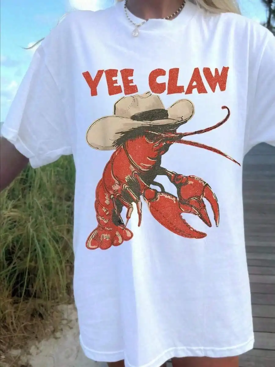 

Футболка Yee Claw Lobster Cowboy с забавным принтом, повседневная футболка большого размера с короткими рукавами для женщин