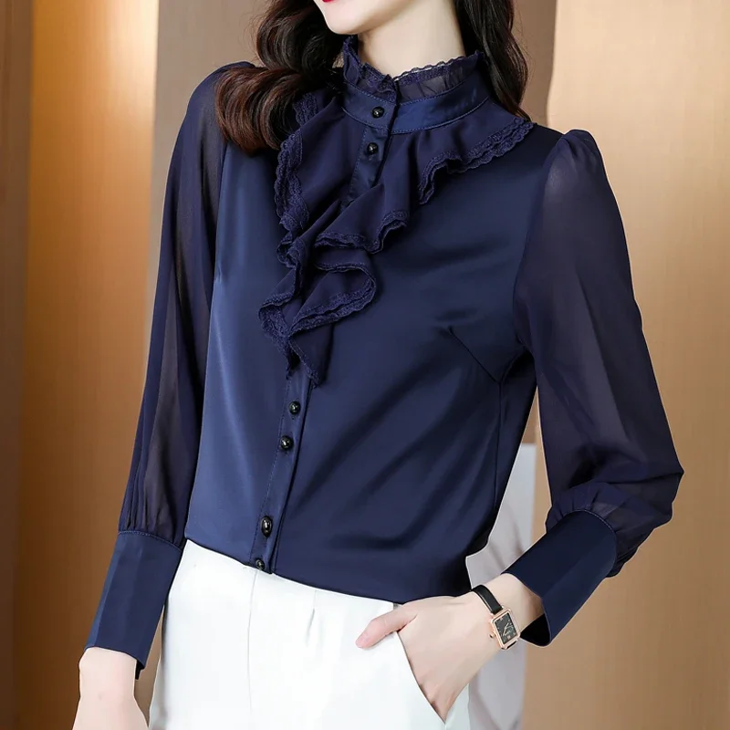 Fashion Long Sleeve Women Shirts Lace Chiffon Top Office Lady Elegant Dark Blue Blouses Ruffles