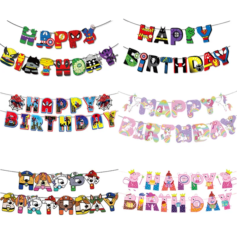 1Set Happy Birthday Banner Party Supplies for Kids Boys Girls Party Decorations Game Banner Marvel Peppa Pig Themed Pull Flag