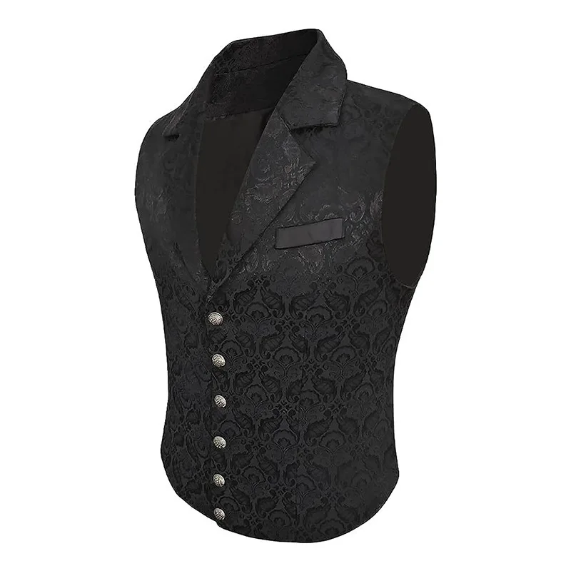 Black Men'S Vest Jacquard Printed Swallowtail Business Suit Vintage Vest Casual Suit Slim-Fit Medieval Western Cowboy