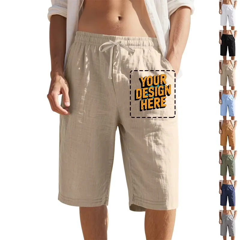 

Новые льняные шорты на шнурке с эластичной резинкой на талии, прямые ноги, однотонные дышащие повседневные пляжные укороченные повседневные шорты для мужчин, бесплатная цена