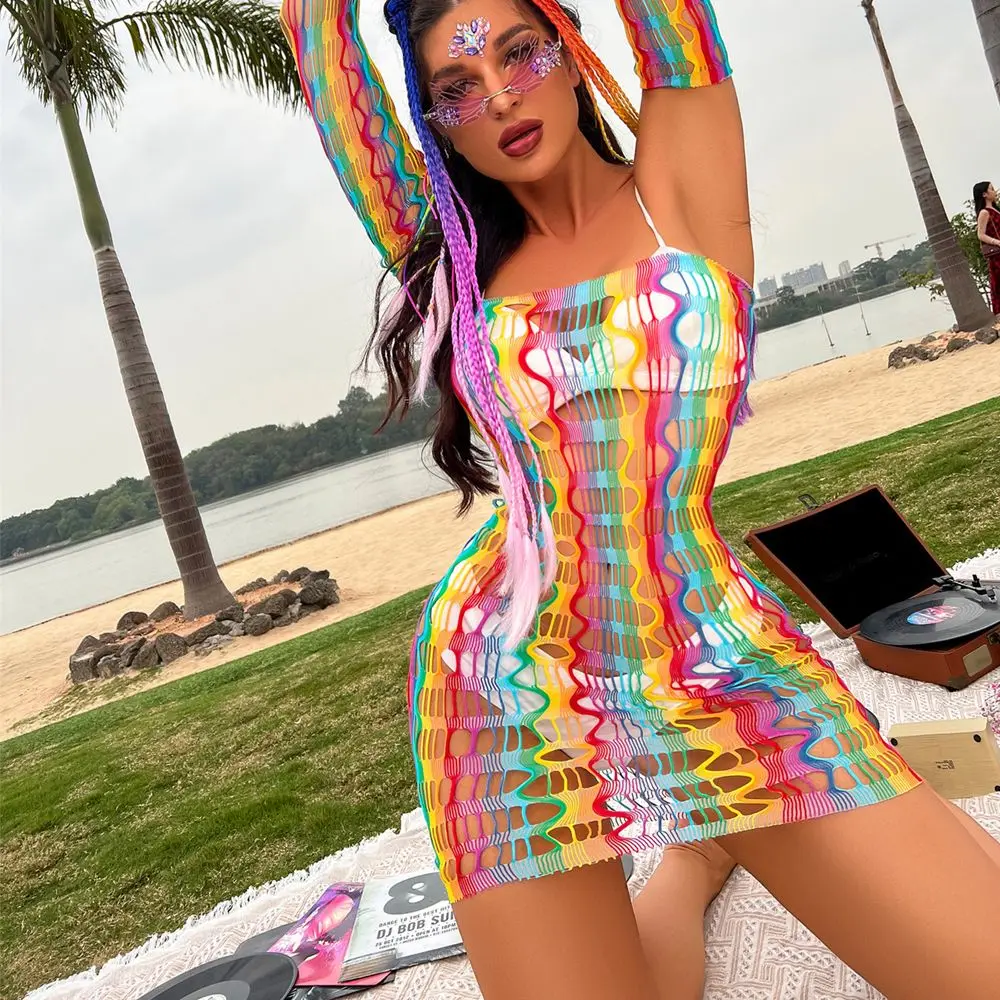 See-through Bodysuit Hollow Out Summer Outfits Beach Wear Bikini Cover Ups Fishnet Tank Tops Rainbow Swimsuit Women Mesh Dress