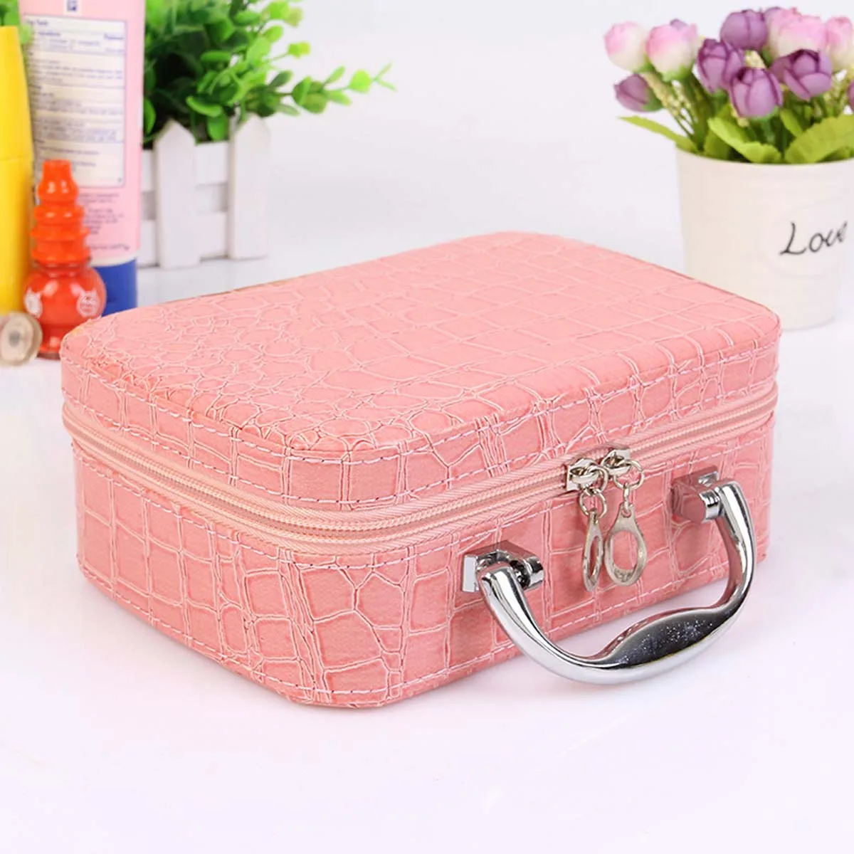 Hot stone pattern makeup box with mirror ladies hand makeup bag square zipper cosmetics storage box factory sales