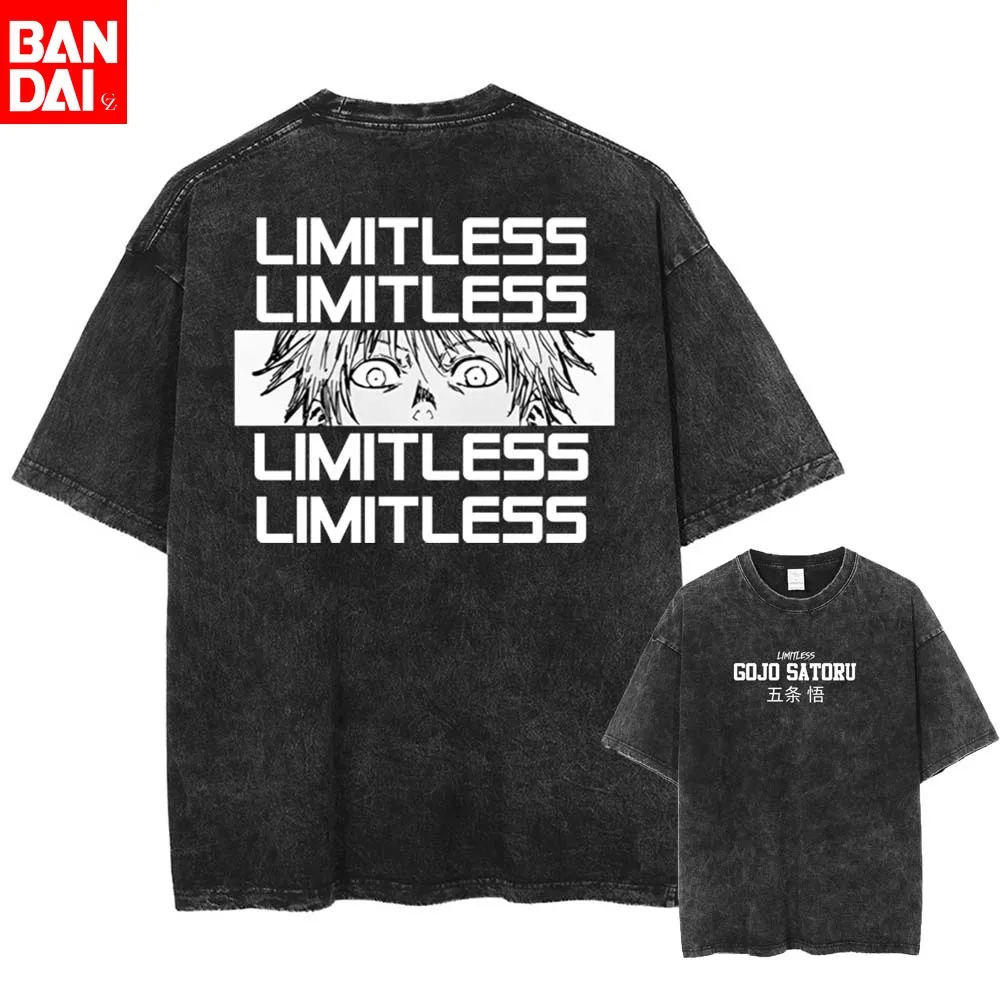 Gewaschenes schwarzes Anime-T-Shirt Jujutsu Kaisen Gojo Satoru Grafikdruck Herren Oversize Retro Streetwear Lässige Oberteile Sommer T-Shirt