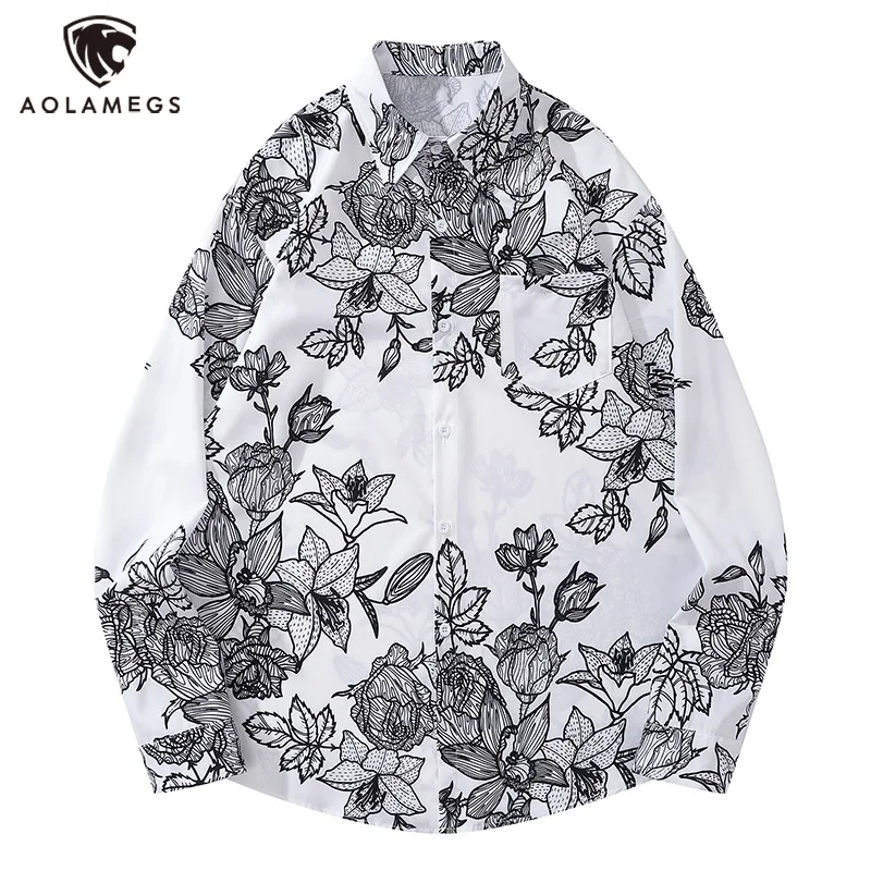 Streetwear Retro Men's Black Line Flower Graffiti Print Long Sleeve Shirt Autumn Lapel Single Breasted Hawaiian Shirts Oversized