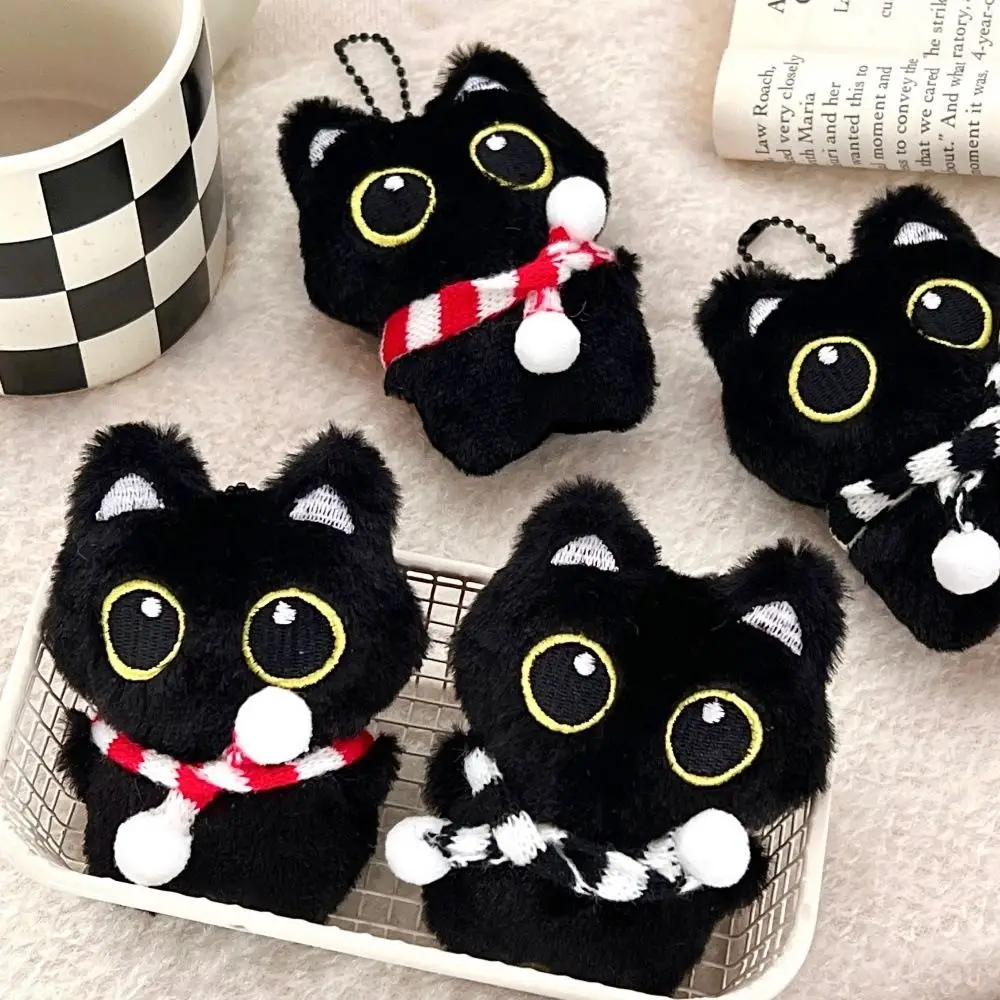 Soft Squeak Scarf Black Cat Pendant Cartoon Chirping Squeeze Plush Keychain Toys Keyring Plush Stuffed Toys Car Key Pendant