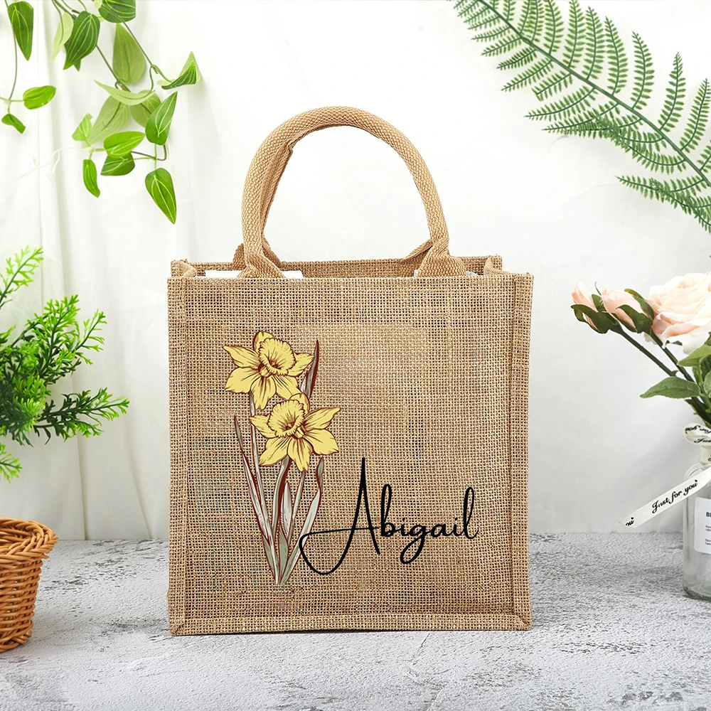 Custom Burlap Tote Bag as Personalised Gift for Women Bridal Shower Small Jute Tote Bag Birth Flower Bridesmaid Proposal Gift