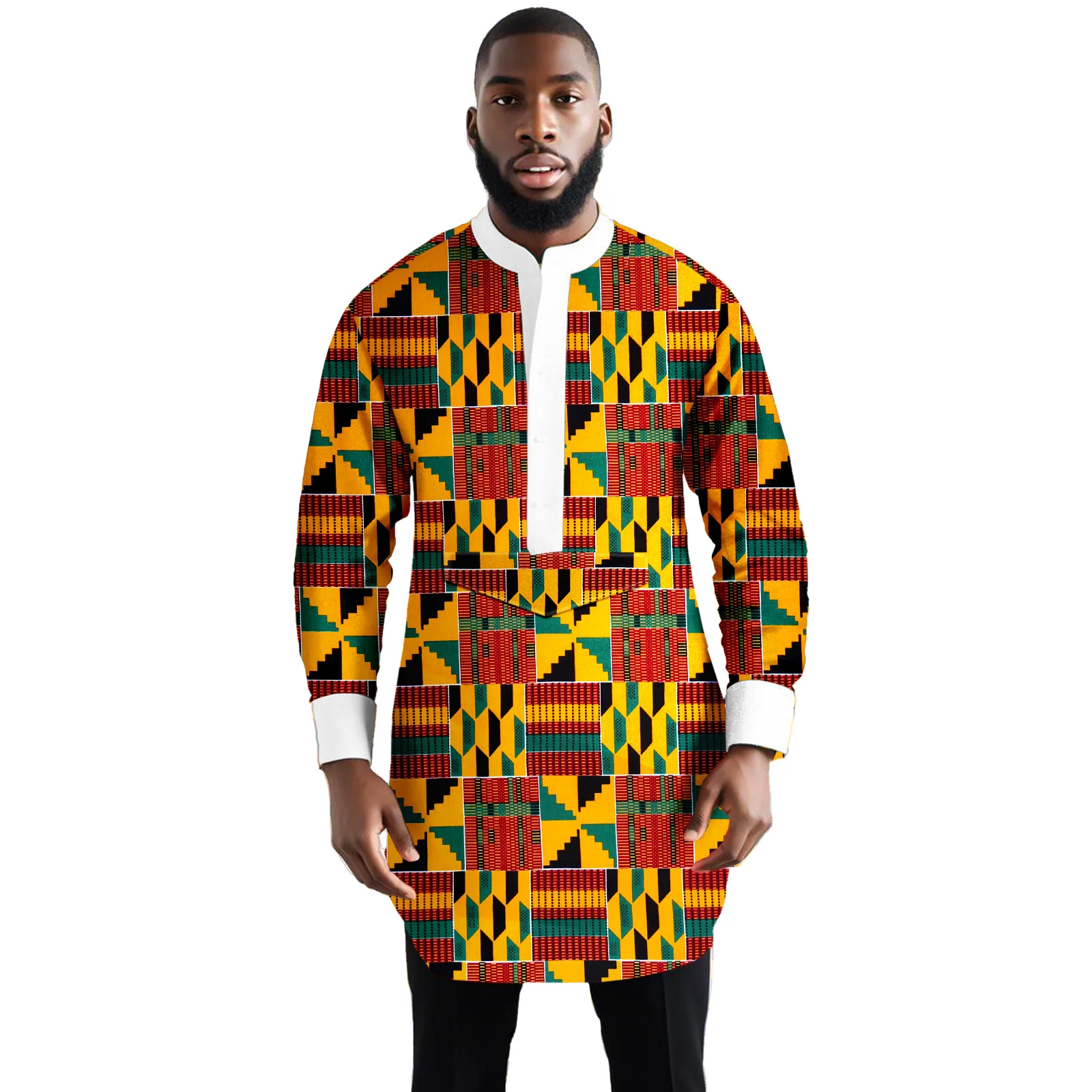Men's African Shirt Dashiki Print Long Sleeve Top Kente Button Down Long Sleeve Blouse Wedding Casual