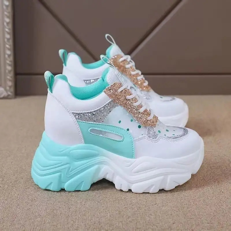 Glam Sporty Best - Selling White & Mint Green Chunky Dad Sneakers, Glitter & Mesh Detail, Ideal for Daily & Party