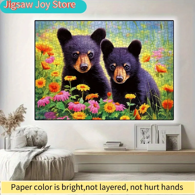 ปริศนากระดาษ DIY - หมีดำแสนน่ารักในทุ่งดอกไม้ วัสดุการ์ดสีขาวคุณภาพสูง เหมาะสำหรับเกมครอบครัว ตกแต่งบ้าน