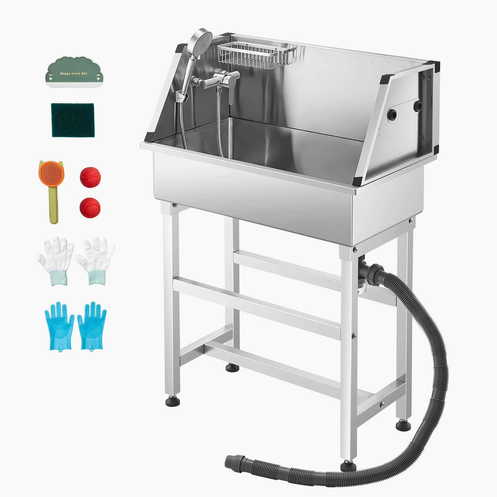 VEVOR 34In Stainless Steel Dog Washing Station with Hot&Cold Faucet Showerhead Storage Rack No-Bend Fits Small Cats and Dogs