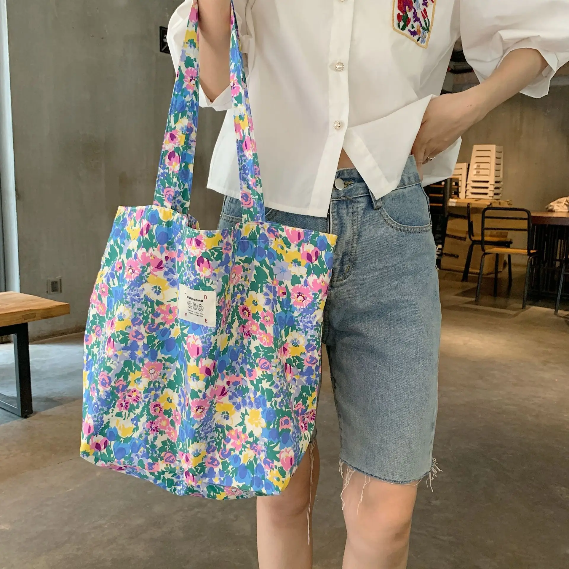 Retro Floral Women\'s Canvas Shoulder Bag High Capacity Girls Student Book Tote Handbag Cute Flower Female Reusable Shopping Bags