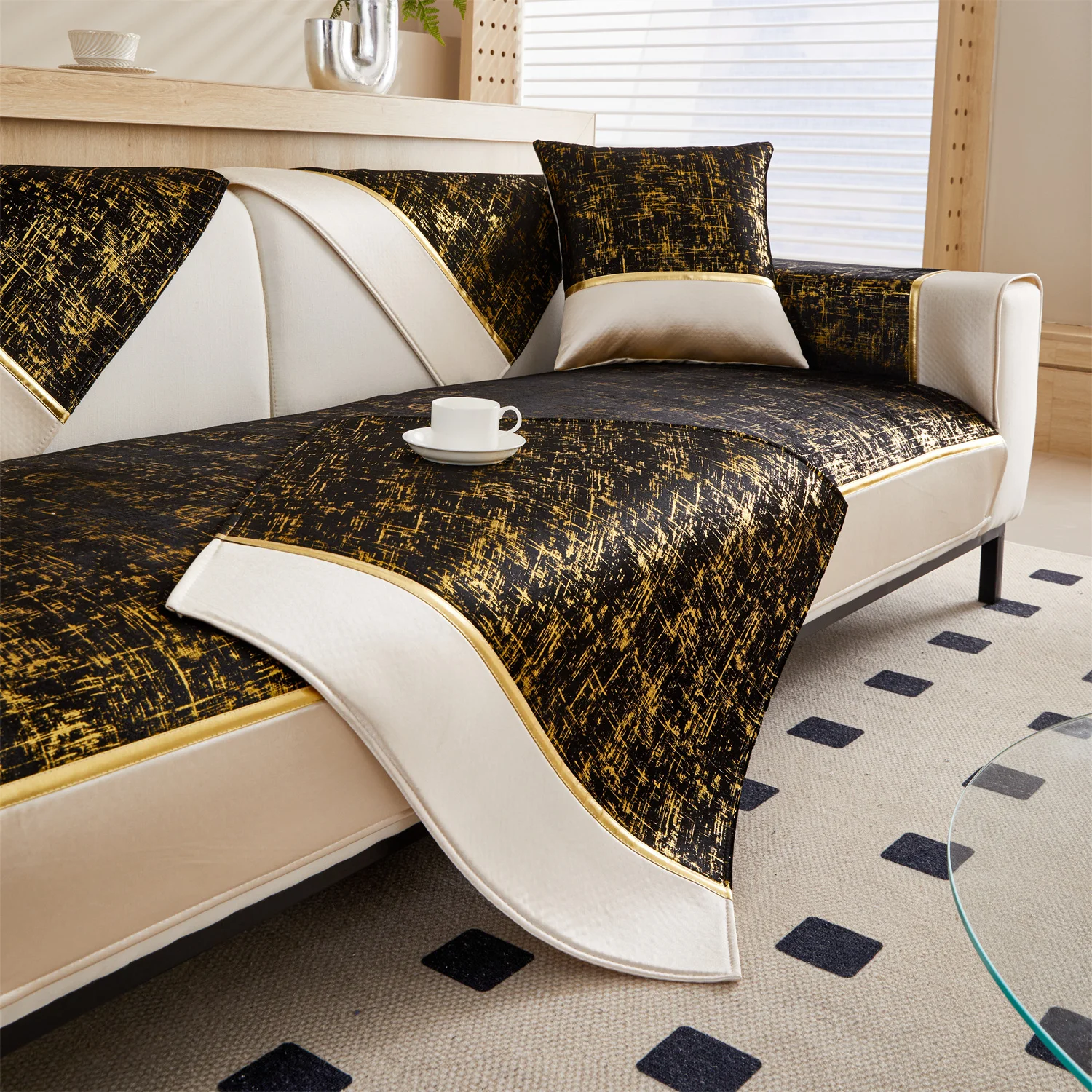 1pc Premium Golden Velvet Sofa Cover with Non-Slip Backing - Stylish Seating Solution for Living Room Sofa Couch Towel