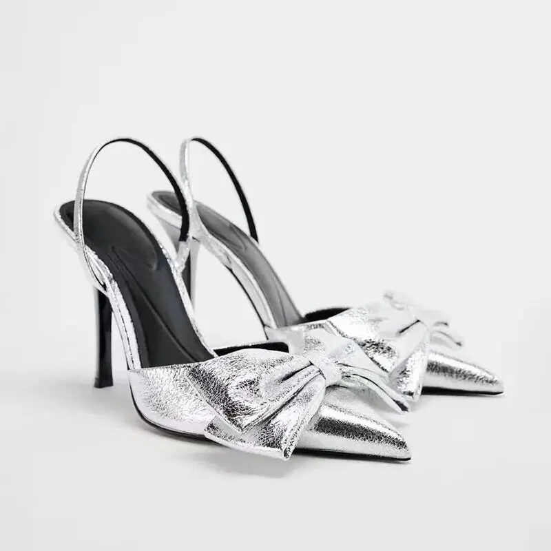 

TRAF Woman Pointy Toe Bow Slingback Pumps High Heels Silver Sexy High Heels Shoes Luxury Wedding Party Stiletto Heeled Shoes