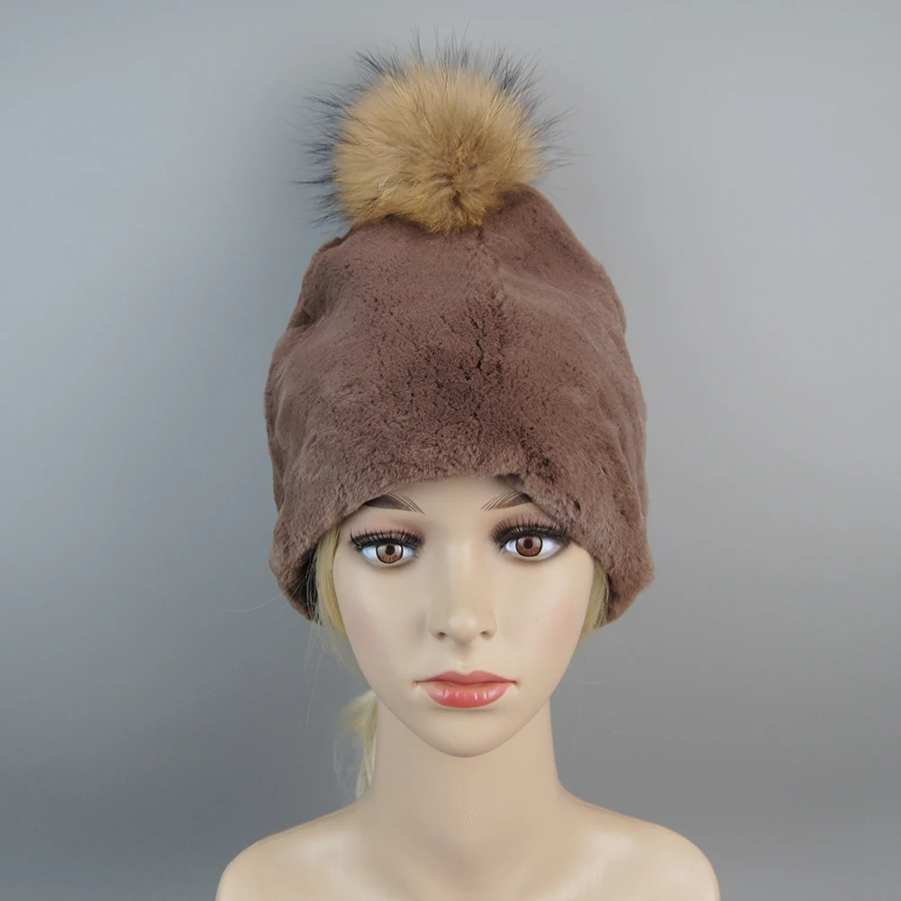 Winter Lady Natural Rex Rabbit Fur Hat Women Warm Soft Genuine Rex Rabbit Fur Cap + Silver Fox Fur Ball Knitted Real Fur Caps