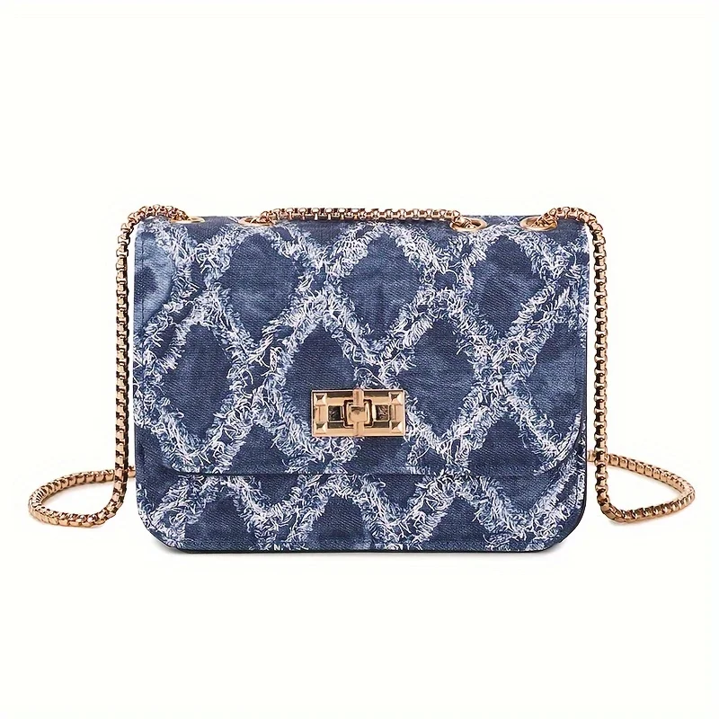 

Denim Women's Shoulder Bag With Lock And Chain Strap, Fashionable Jean , Small Square Crossbody Purse