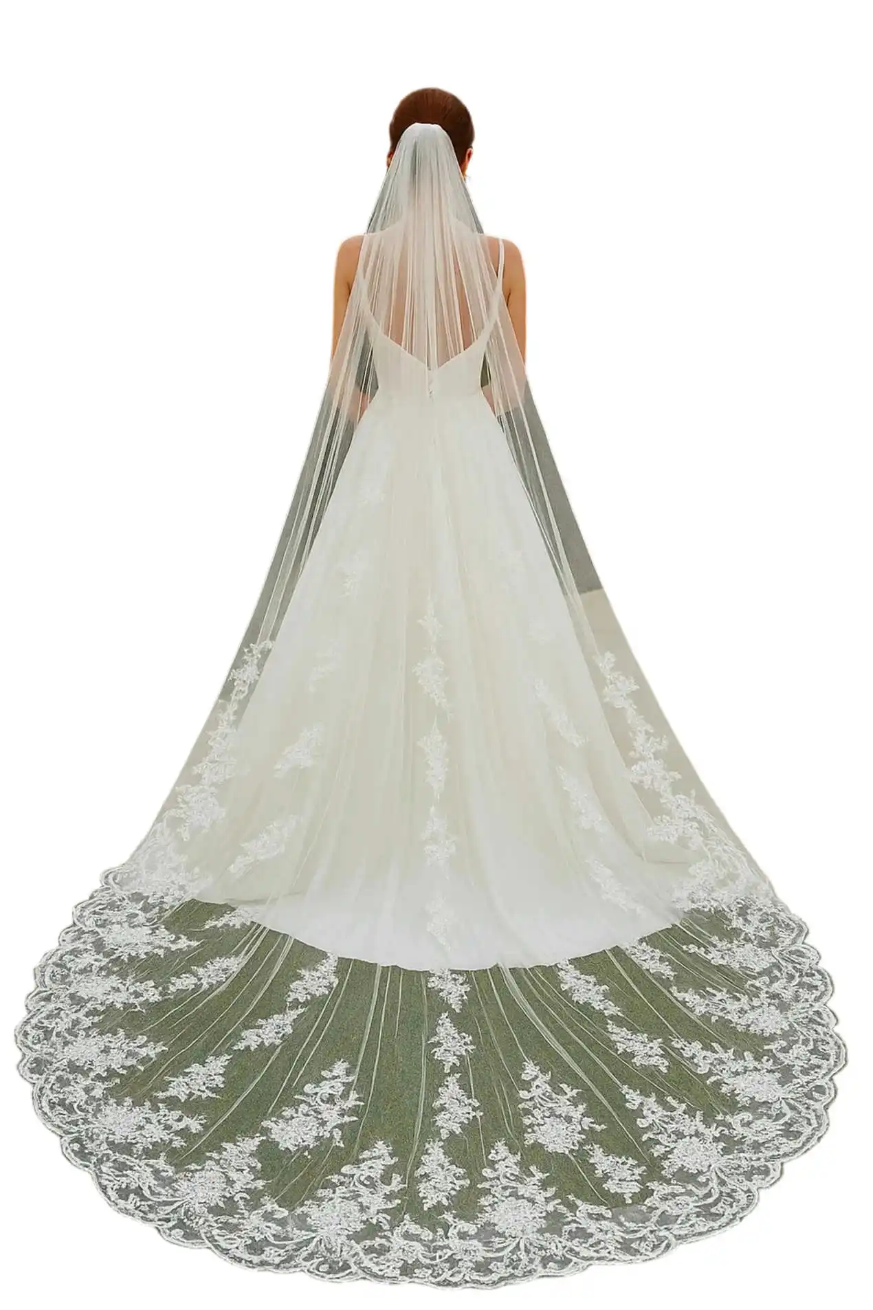 Einfacher Hochzeitsschleier mit Applikationen, einlagig, lange Kapellenschleier für die Braut mit Kamm, Brautaccessoires, personalisierbarer Velo de Novia – Detail 4