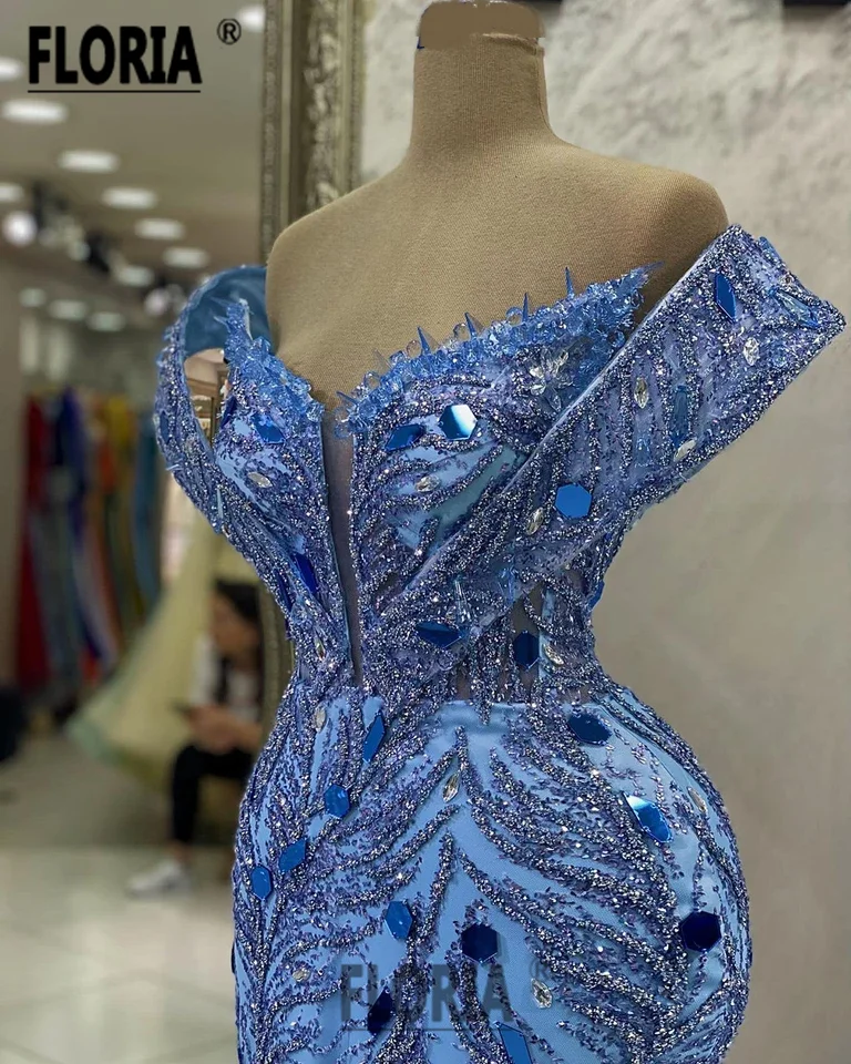 Elegant Crystal Beaded Mermaid Evening Dress Blue Sequined Capped Sleeve Prom Dresses Formal Celebrity Occasion Robe De Soiree