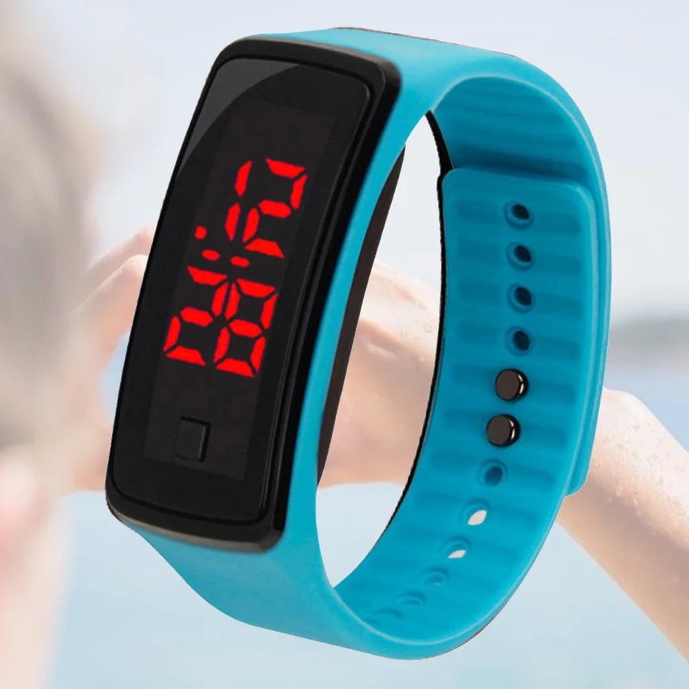 ساعة يد بحزام يد LED باللون الأزرق السماوي وشاشة رقمية قابلة للتعديل للرياضات الخارجية وحزام من السيليكون ووظيفة التاريخ والوقت Led