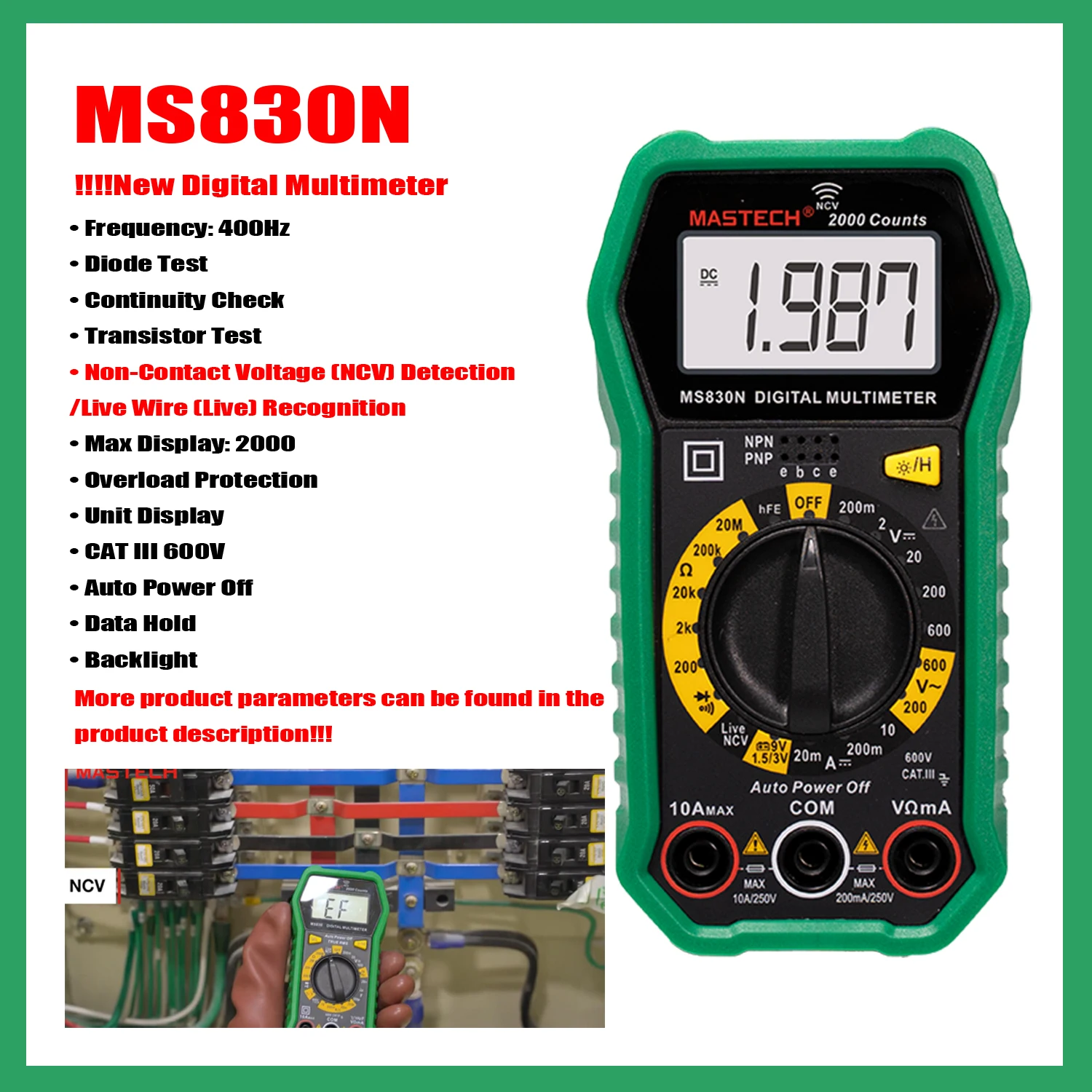 MASTECH MS830M MS830N MS830T Profession Digital Multimeter Max Display:2000;Overload Protection;DC/AC Voltage Direct Current,New