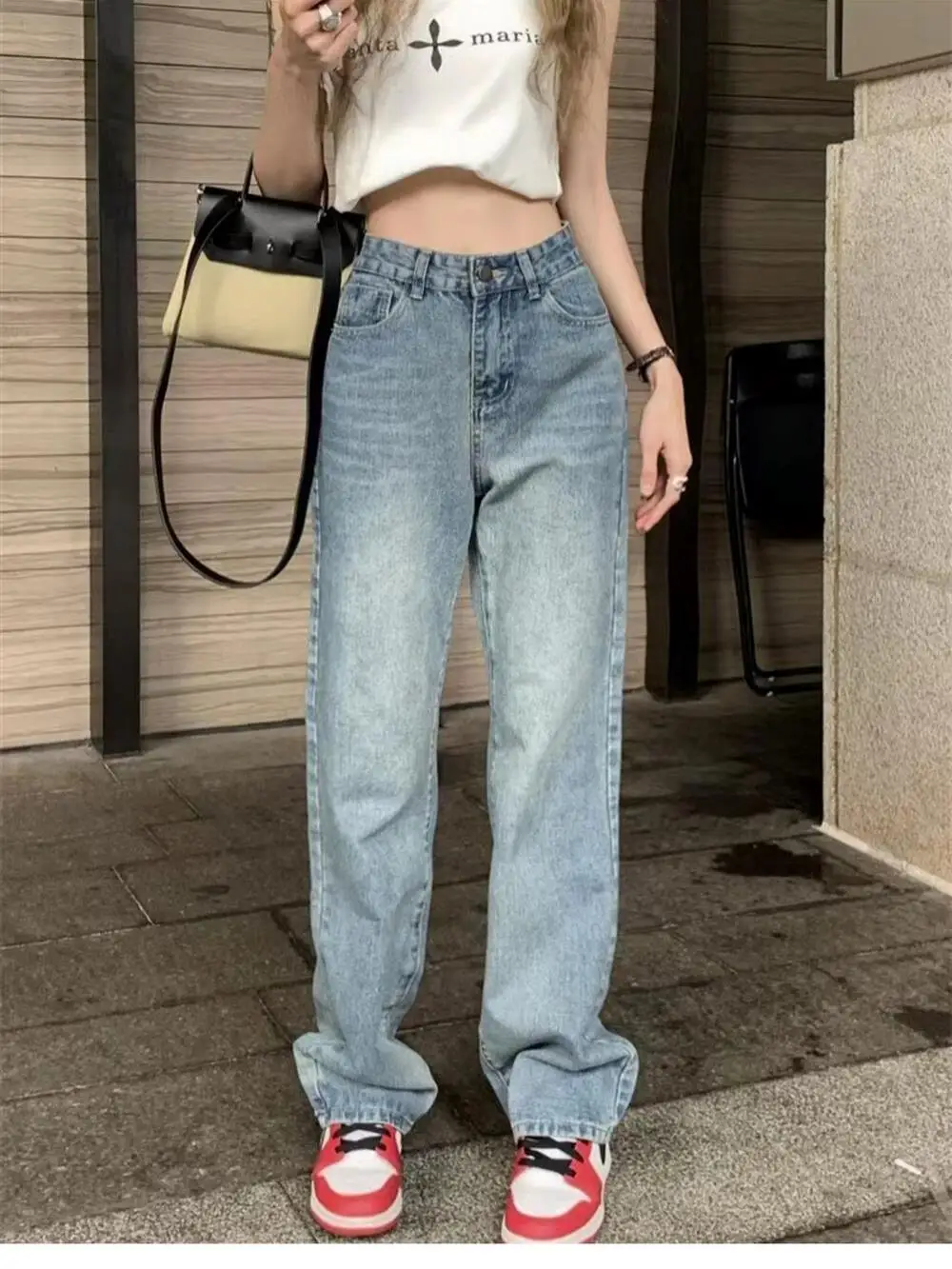 

American Sle Retro High Street Women's Jeans Spring Summer New Small Design Straight Leg Wide Leg Pants High Waist Blue