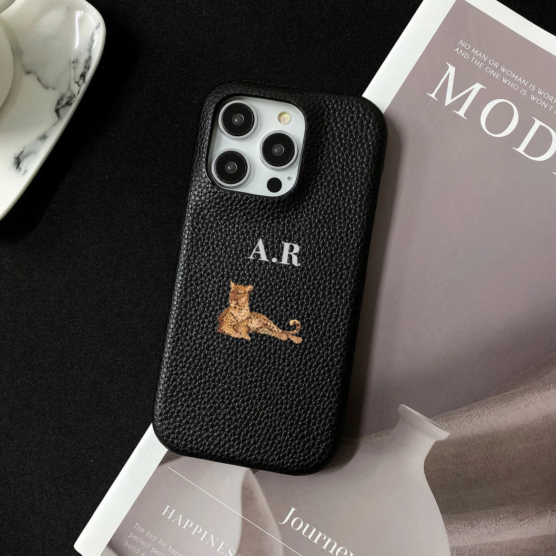 Personalise Initials Name Lizard Leopard Leather Case For iPhone 16 14 13 12 11 15 Pro Max Initials Letters kafr saya Cover