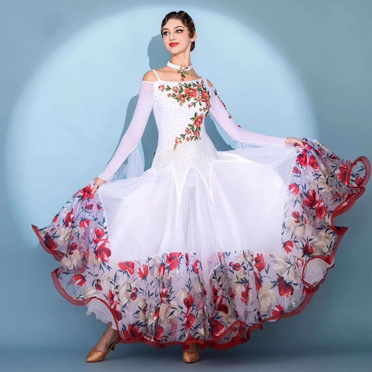 Frauen Modern Dance Strass Farbvielfalt Rot Blumen Kleid Ballsaal National Standard Walzer Wettbewerb Leistung