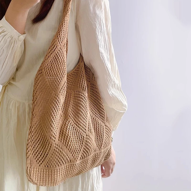 Neue Trend frauen Tasche Häkeln Handtasche Retro Gestrickte Einfarbig Hohl Top-griff Einkaufstasche Reise Shopper Schulter tasche – Detail 12