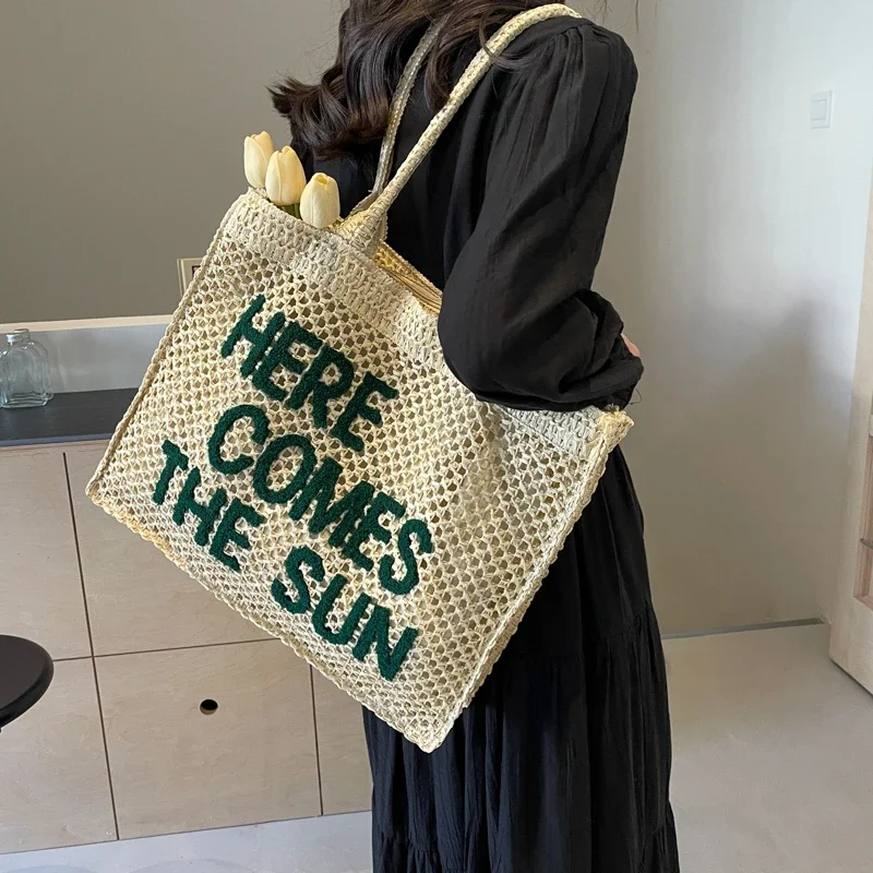 Summer Crochet Tote Bag Women Large Capacity Straw Braid Shoulder Bag Portable Beach Letter Handwoven Handbags Casual Bags