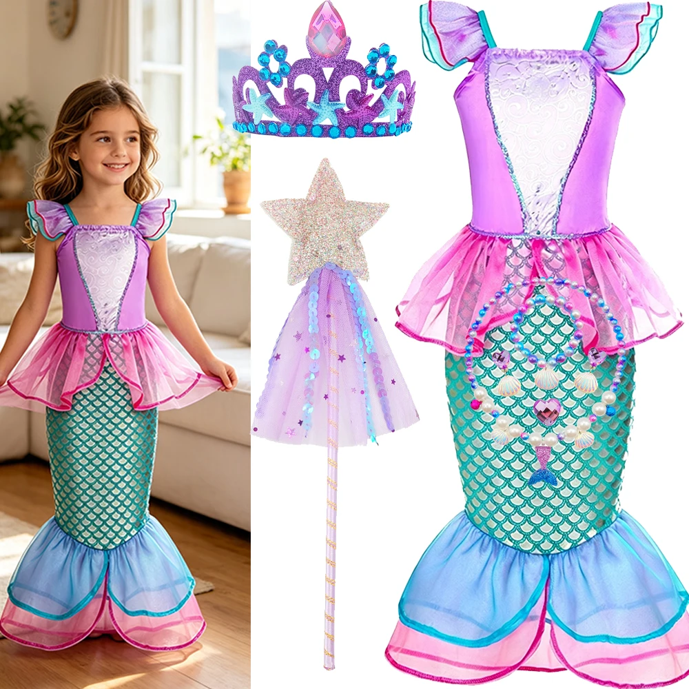 Girls Mermaid Tail Costume Dress Set Kids Ocean Theme Ruffle Tulle Ball Gown with Accessories Children Halloween Costumes